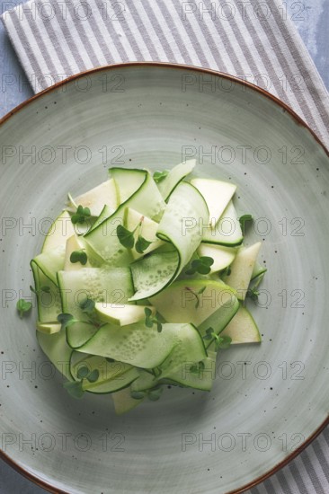 Spring, green salad, cucumber with apple, top view, close-up, no people, microselen radish, healthy