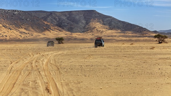 Two vehicles leave tracks on a large, flat expanse of sand near the mountains, With off-road