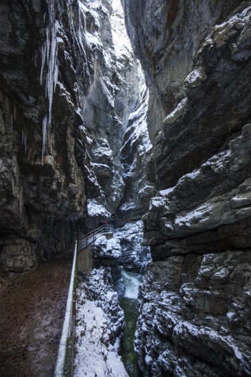 Winter, snowy landscape, icicles, river Breitach and hiking trail through the Breitachklamm gorge