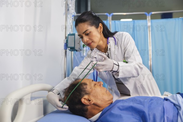 A compassionate doctor attentively assists a patient in a hospital room, ensuring proper care with