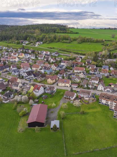 Overview of a village with scattered houses and large green spaces, surrounded by forests,