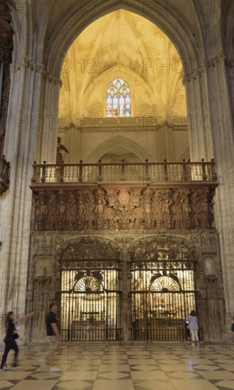 Interior cathedral view with impressive high vaults and ornate details, Seville, Andalusia, Spain