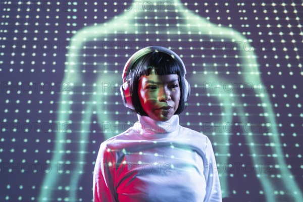 A futuristic Latin woman immersed in music, wearing headphones, against a backdrop of neon lights.