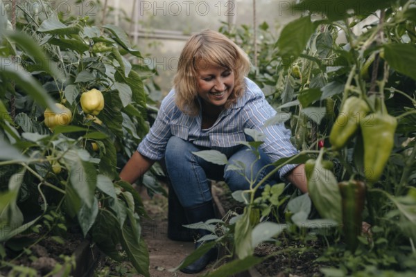 A woman enjoys tending to her lush vegetable greenhouse, surrounded by vibrant green plants and