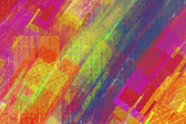 A vibrant and dynamic abstract artwork featuring a colorful geometric pattern with overlapping