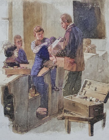 Introduction of the emergency first aid kit in schools, 1885, Germany, Historic, digitally restored