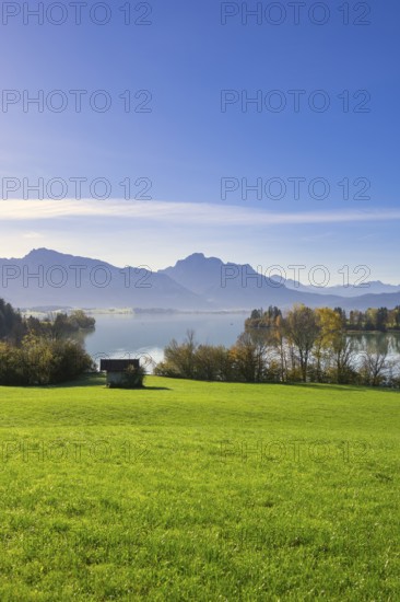 Landscape with lake, grassy meadow and mountains in the background, under a clear blue sky, wooden