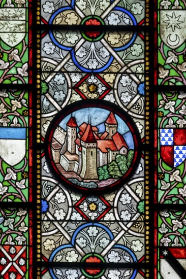 Colourful stained glass windows, Notre-Dame Cathedral, former episcopal church of the diocese of