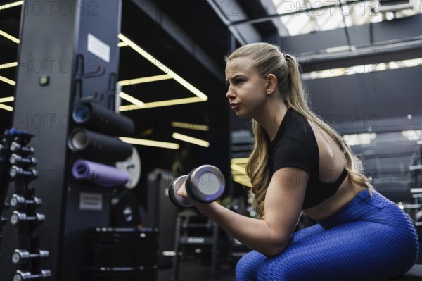 A focused blonde woman with blond hair performs bicep curls in a contemporary gym. She is wearing a