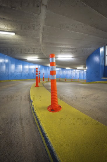 Car park curve with orange cones and blue walls, ZOB car park of Stadtwerke Calw, Calw, district of