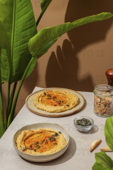 Aesthetic presentation of hummus topped with paprika and seeds, set against a natural background