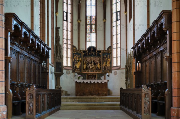 Interior view, high altar in the choir, choir stalls, winged altar, Lutheran town church, Bad