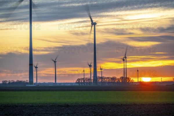 Sunset at Issum wind farm, Lower Rhine, North Rhine-Westphalia, Germany