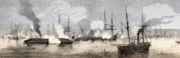 Breaking through to Vicksburg, USS Arkansas running through the Federal fleet above Vicksburg,