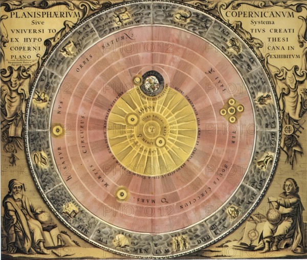 Copernicus' worldview, the sun as the center of the universe, historical illustration, digitally