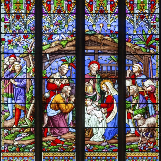 Detail of stained glass window Adoration of Shepherds by William Wailes 1861, Christ Church,