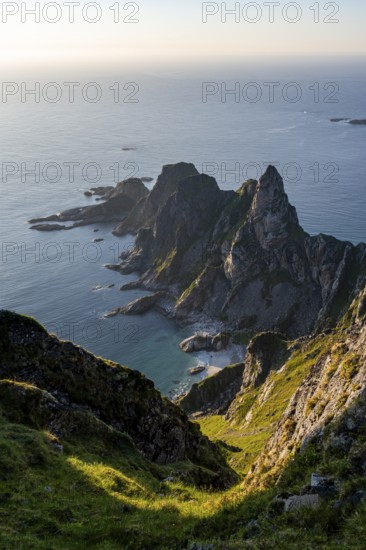 Picturesque coastal landscape, view from the summit of Måtind or Måtinden, dramatic rocky coast and