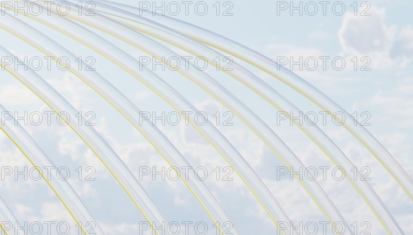 Elegant transparent arcs gracefully intersect against a serene cloudy sky, infused with subtle