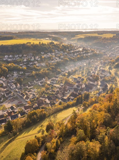 Aerial view of a village in autumnal colours with hills and trees at sunset, Sulz Calw, Black