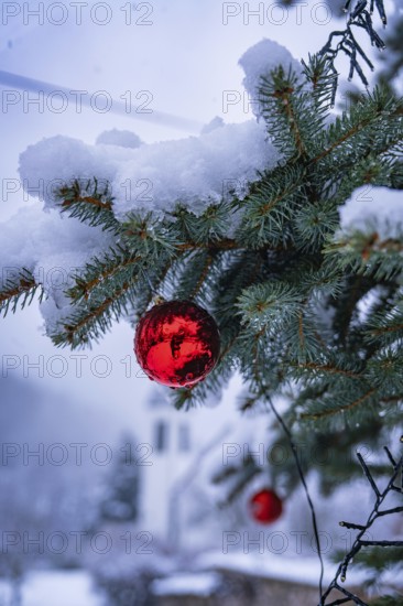 Snow-covered branch with red Christmas bauble, church tower in the background, Enzklösterle,