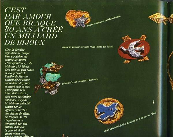 Paris Match n°729 du 30 mars 1963 (double page présentant les bijoux de Braque acquis par l'Etat français)