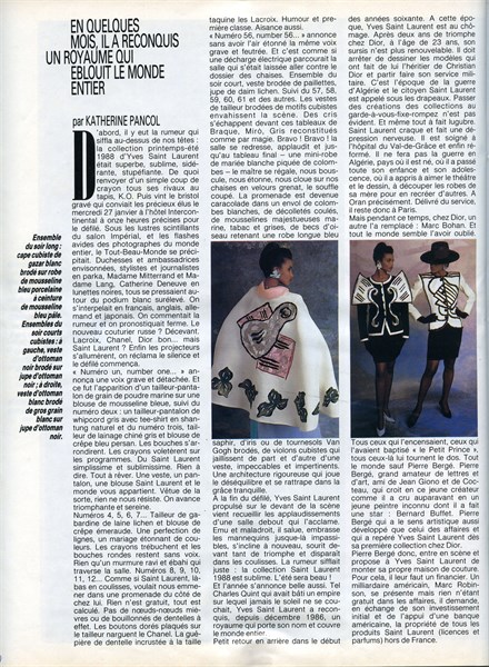 Article paru dans Paris Match du 12 février 1988 au sujet de la collection YSL inspirée des oeuvres de Braque
