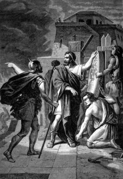 Archimedes using mirrors to set fire to the Roman fleet