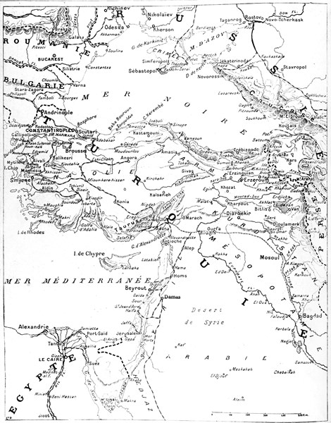 World War I. Geographical map on Turkish intervention