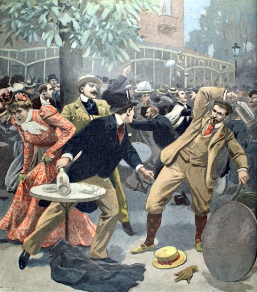 Fight provoked by a group of anarchists at the Pavillon d'Armenonville,  in "Le Petit Journal" dated June 25, 1899