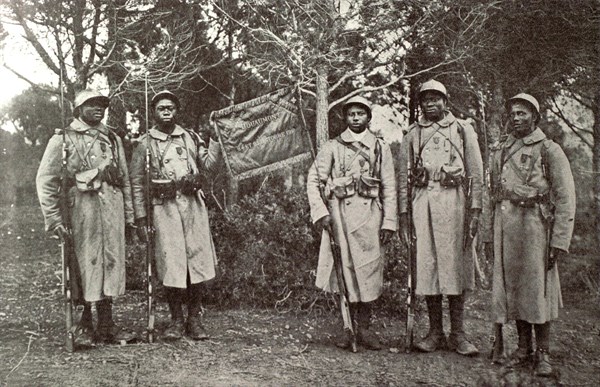 Senegalese infantrymen decorated with the fourragère, 1917