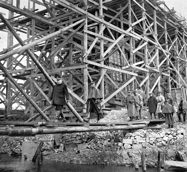 World War I.  General Joffre visiting the reconstruction work on a viaduct in Lorraine