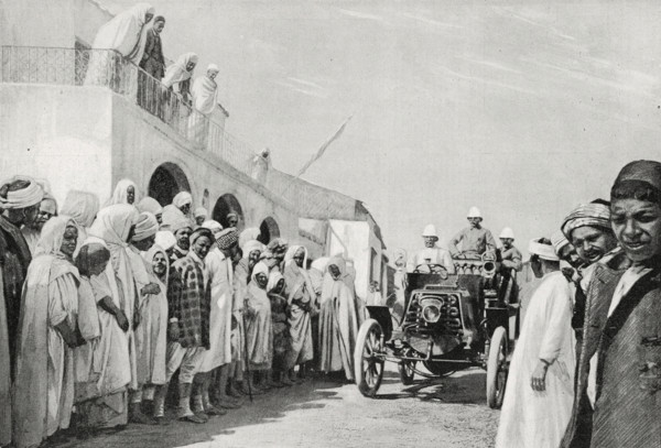 Arrival of a touring car in Testour, Tunisia