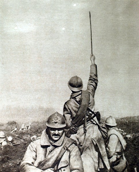 Soldiers going out of a trench, 1916