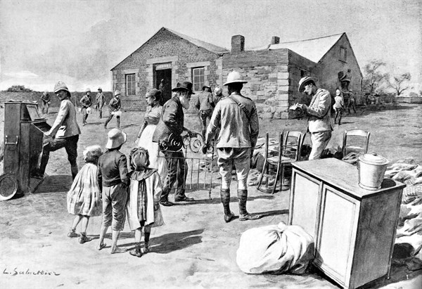 Boer War. In the Transvaal, English soldiers pillage a Boer dwelling (1901)