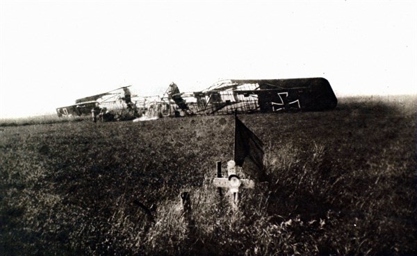World War I. On the front, a German "Gotha" shot down near the battlefield