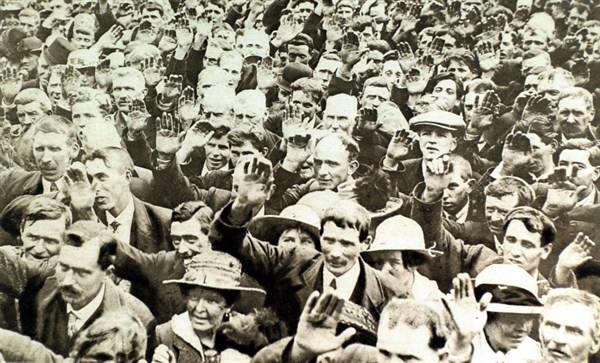 World War I. In Ireland, large anti-conscription demonstration in Dungannon