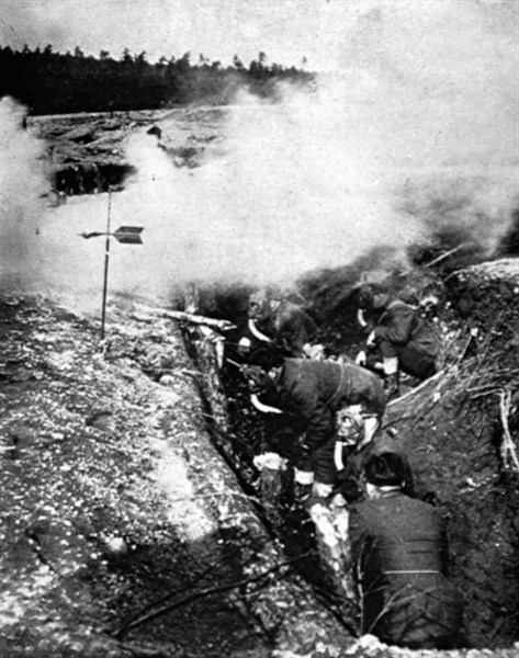 World War I. At the front, American soldiers in a cloud of gas