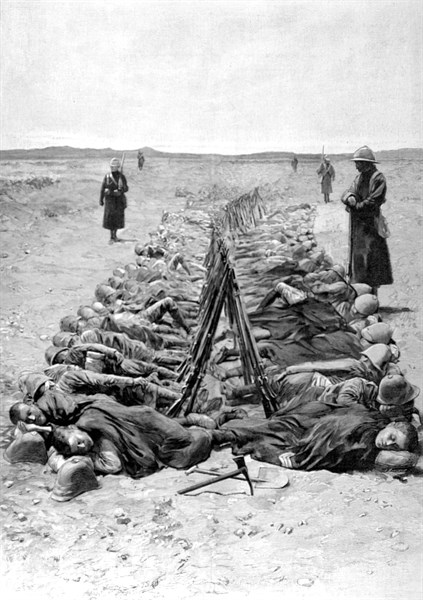 War of the Transvaal. English soldiers sleeping in the middle of a field outside Colesberg