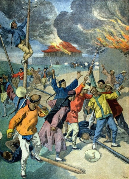 Boxer Rebellion. Attack and burning of a village (1900)