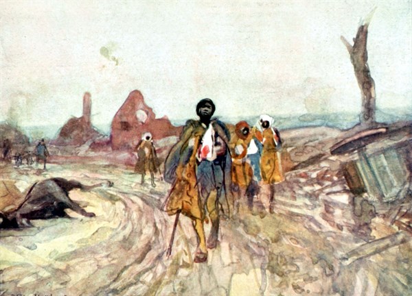 Hoffbauer. In the Somme, wounded Senegalese soldiers on the Assevillers road