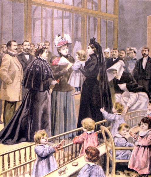 Madame Félix Faure visiting the Fourcade day nursery in Paris (1896)