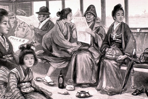 Japan. Passagers reading newspapers on a train (1903)