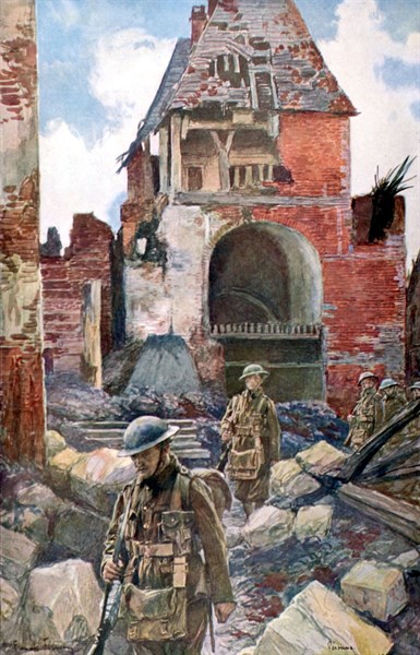 Soldats anglais sur les vieux remparts de Péronne (mars 1917)