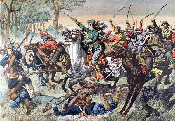 Une femme guerrière, la senora Clava Santos, se battant à la tête d'un corps d'insurgés (30 septembre 1906)