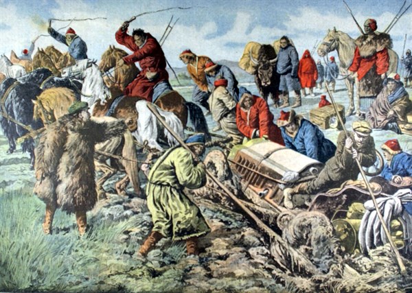 Des cavaliers mongols retirent d'un marécage une voiture embourbée, (vers 1908)