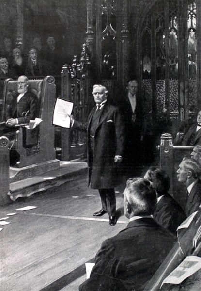 At the House of Commons in London, Prime minister Mr. Asquith presenting the message of the new king, announcing the death of Edward VII (May 11, 1910)