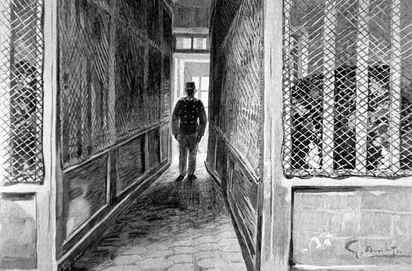 Visiting room of the St. Lazare women's jail in Paris (1902)