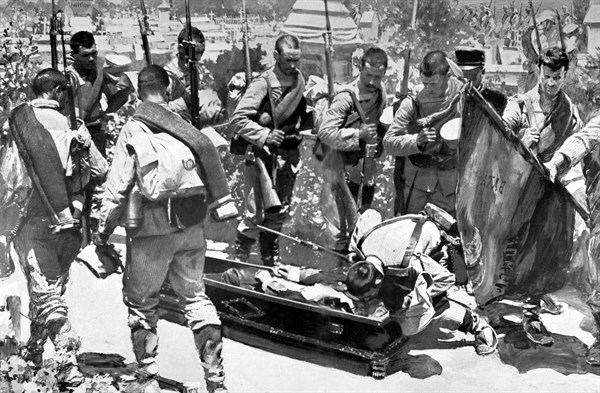 Commander Ibaner Martin, killed at the head of his batalion, receiving at the cemetery the salute to the colours (1909)