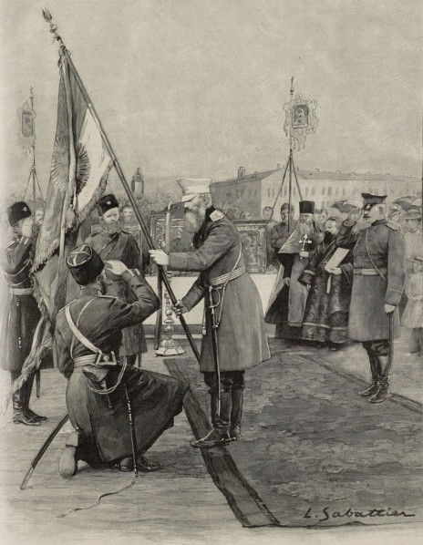 Guerre sino-russe.
Un colonel des Cosaques recevant à genoux le drapeau de son régiment, à Omsk (1900).