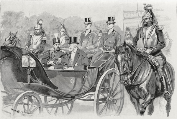 Le président Loubet accompagnant Mozaffer-ed-Dîn au palais des souverains (1900).